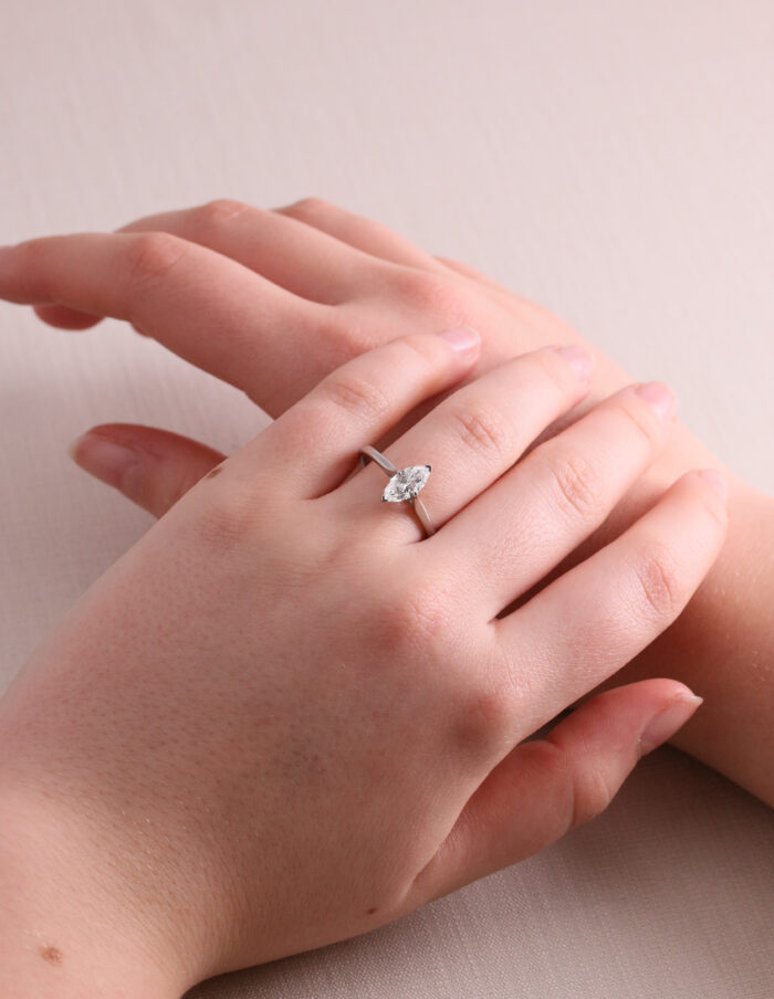 Solitaire marquise claw set diamond ring 0.70ct FSI1 cert GIA1448794049 platinum ring size N