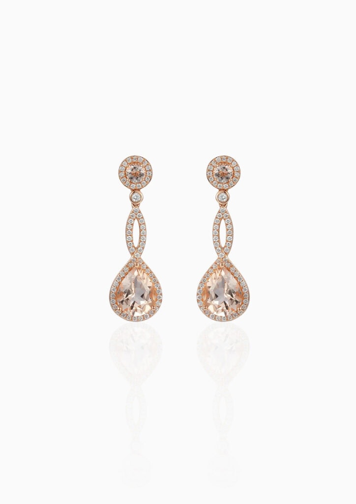 Drop earrings pear morganite 2.96ct and diamond 0.47ct long drops 18ct rose gold