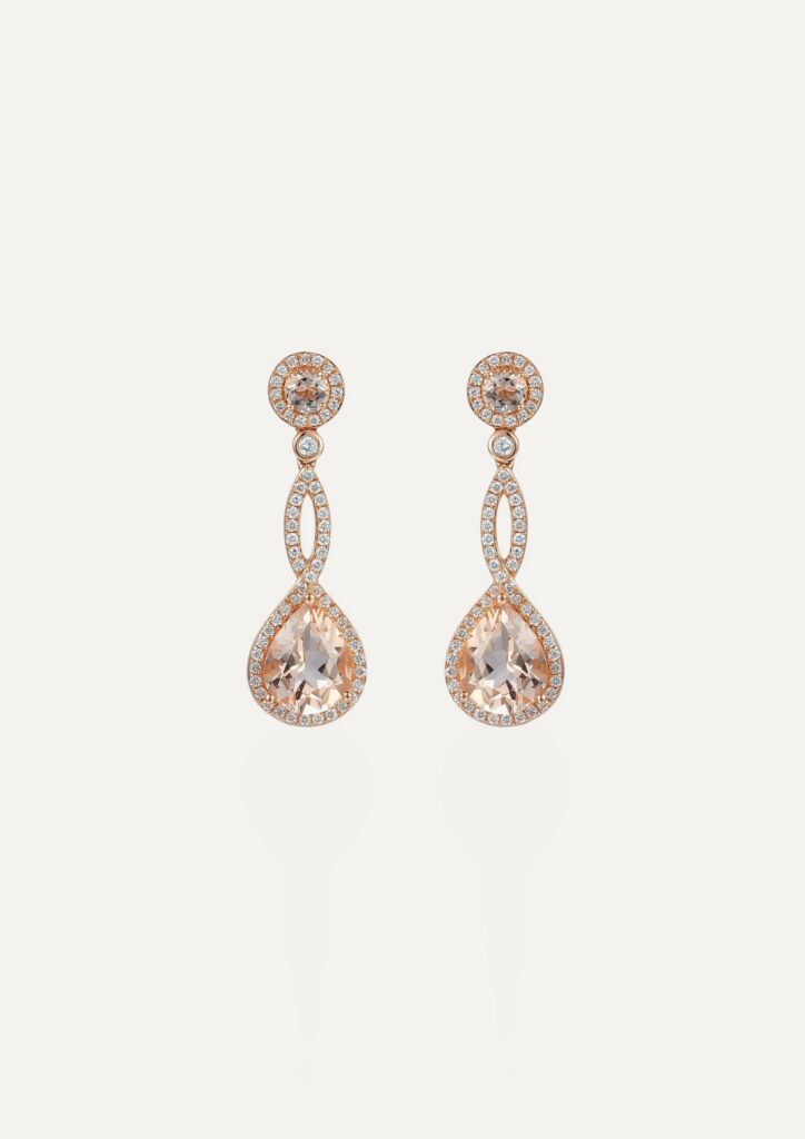 Drop earrings pear morganite 2.96ct and diamond 0.47ct long drops 18ct rose gold