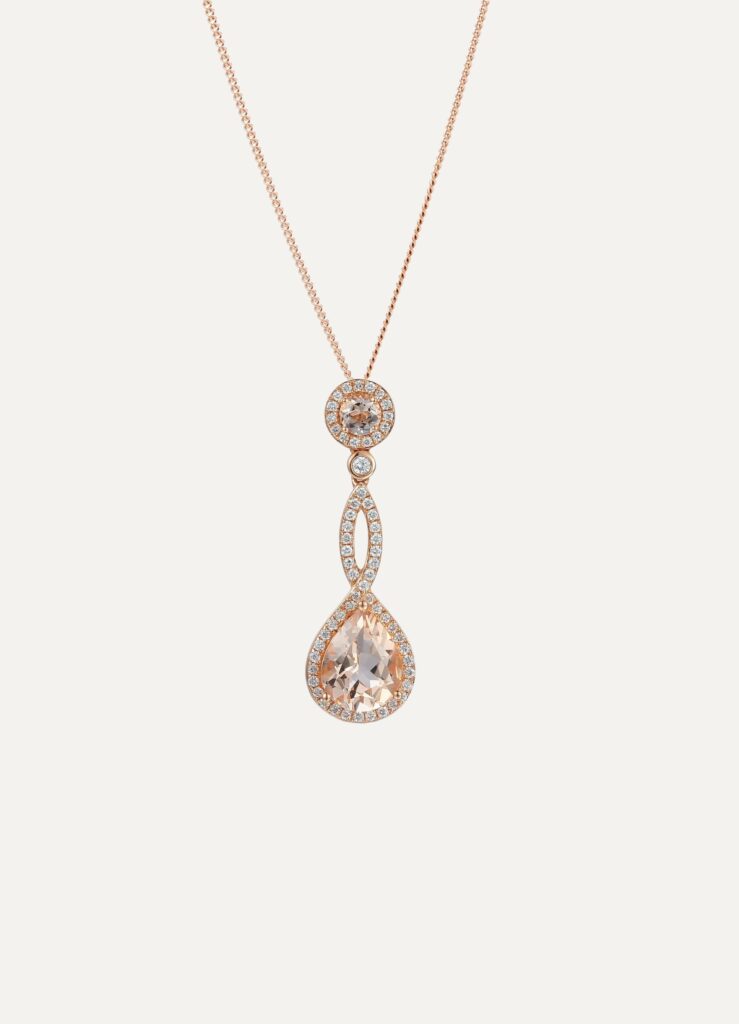 Pendant and chain pear morganite 2.00ct and diamond 0.23ct 18ct rose gold