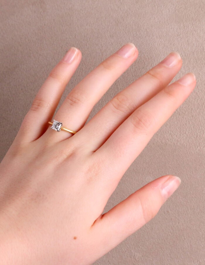Solitaire ring 4 claw princess diamond 0.70ct D SI2 18ct yellow and white gold ring size M GIA cert 1243472462