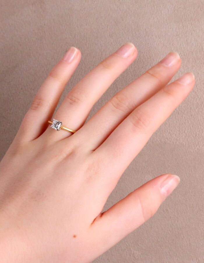 Solitaire ring 4 claw princess diamond 0.70ct D SI2 18ct yellow and white gold ring size M GIA cert 1243472462