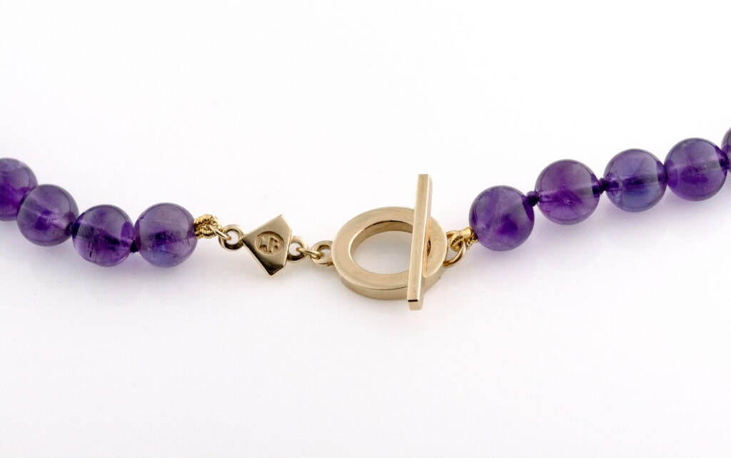 JCP necklace round 8mm Amethyst beads on 9ct yellow gold T bar clasp 16.5″