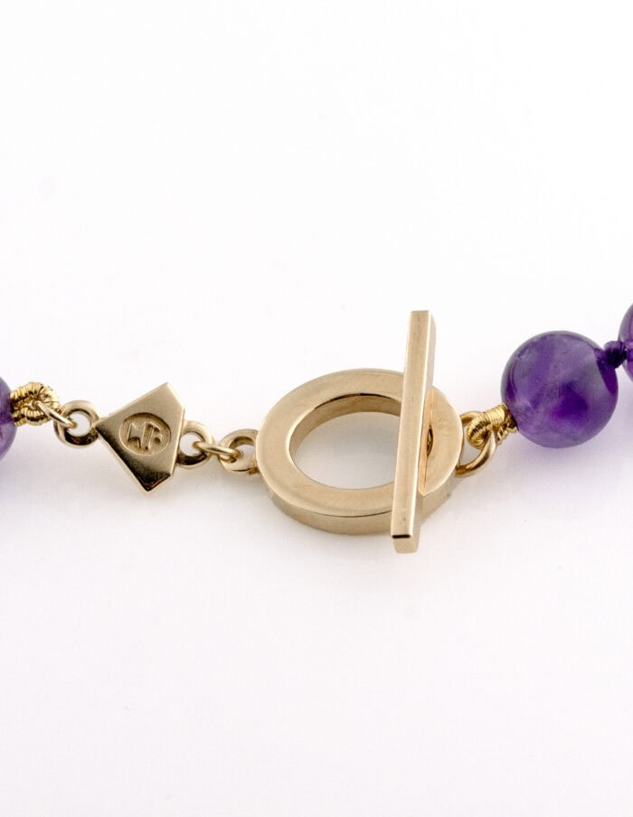 JCP necklace round 8mm Amethyst beads on 9ct yellow gold T bar clasp 16.5″