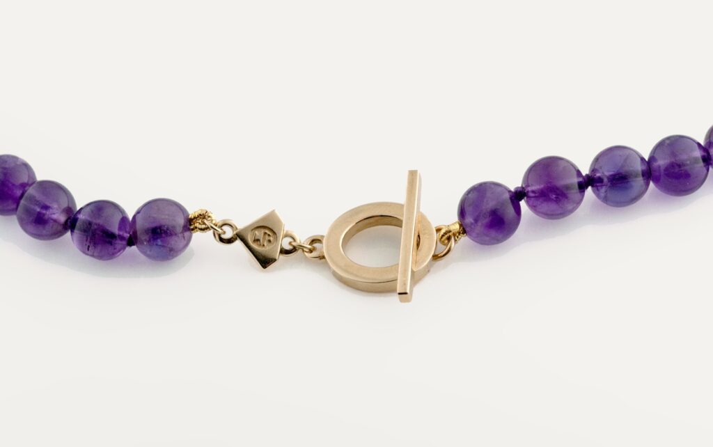 JCP necklace round 8mm Amethyst beads on 9ct yellow gold T bar clasp 16.5″
