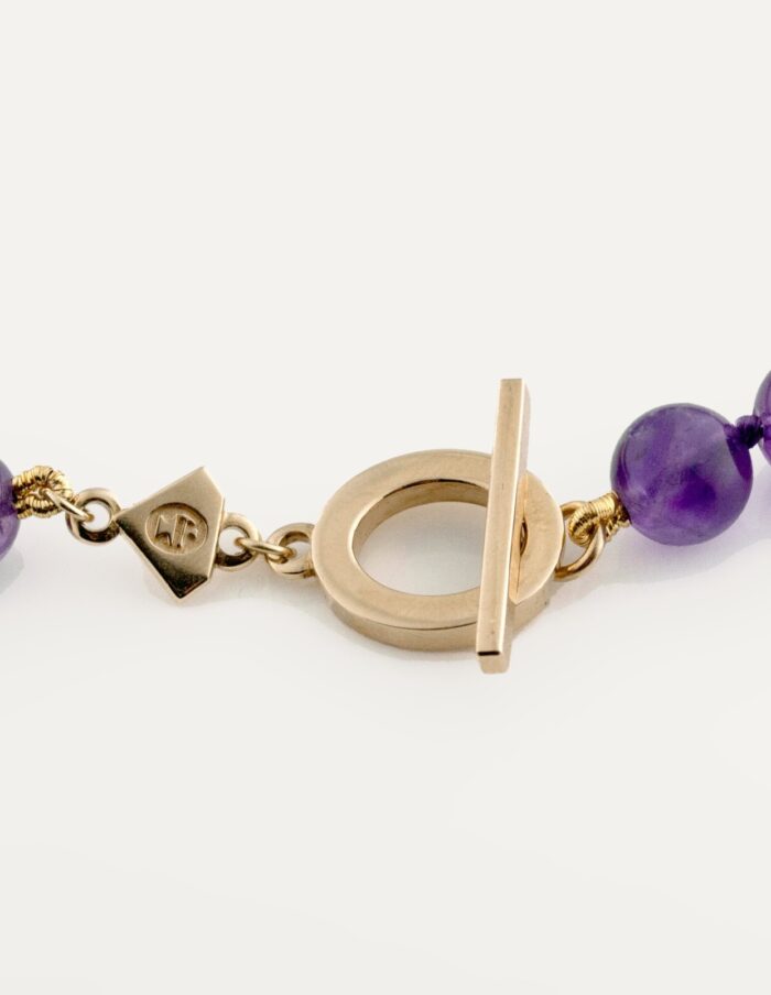 JCP necklace round 8mm Amethyst beads on 9ct yellow gold T bar clasp 16.5″