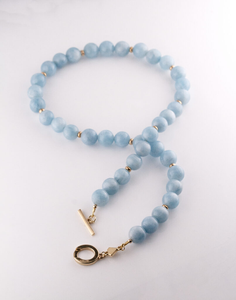 JCP necklace Aquamarine round beads with rondel spacer beads 9ct yellow gold T bar clasp 18″