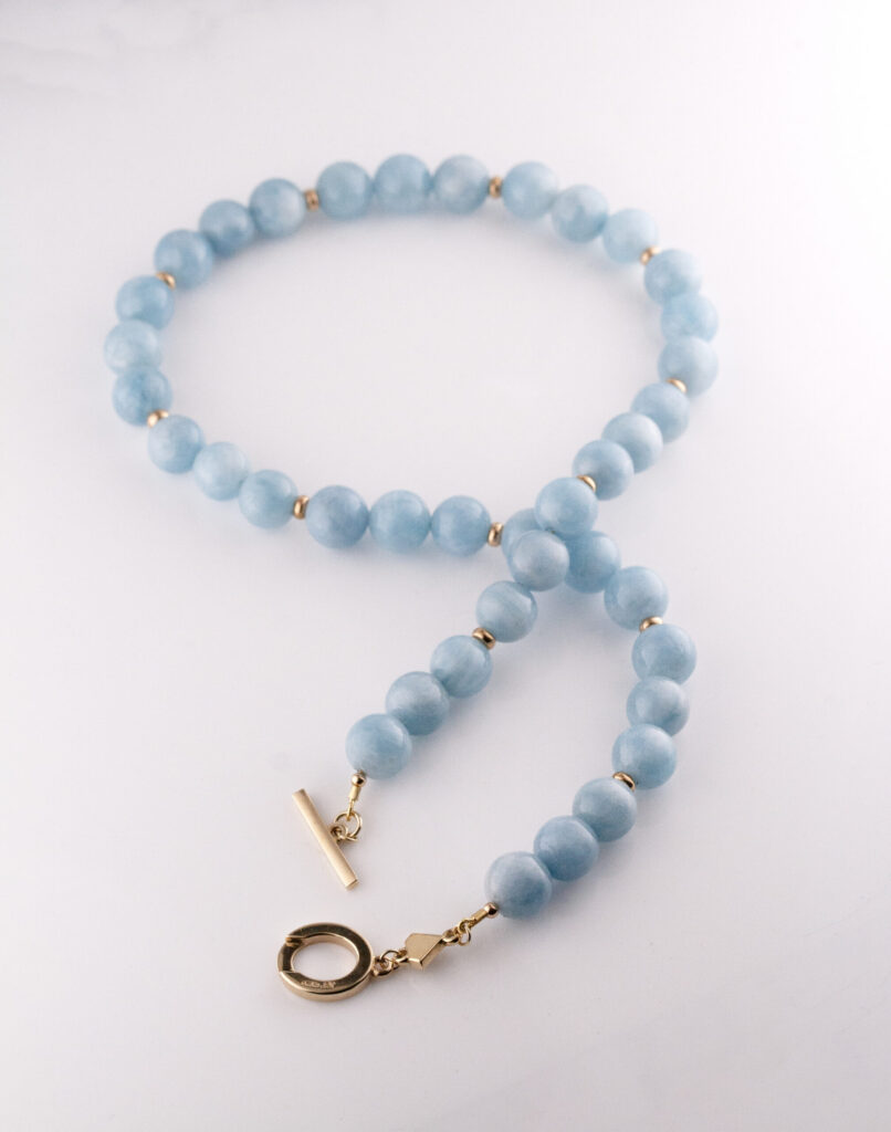 JCP necklace Aquamarine round beads with rondel spacer beads 9ct yellow gold T bar clasp 18″