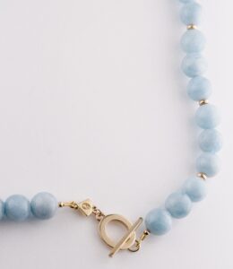 JCP necklace Aquamarine round beads with rondel spacer beads 9ct yellow gold T bar clasp 18″