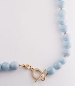 JCP necklace Aquamarine round beads with rondel spacer beads 9ct yellow gold T bar clasp 18″