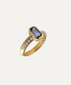 JCP Roma ring Light blue octagonal sapphire with double row diamonds on shoulders 0.39ct G VS 18ct yellow gold ring size L