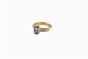 JCP Roma ring Light blue octagonal sapphire with double row diamonds on shoulders 0.39ct G VS 18ct yellow gold ring size L