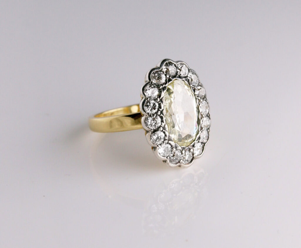 Dress ring oval Diamond cluster 3.31ct total 18ct yellow gold and silver ring size N 1/2 — side view