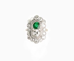 Sheild dress ring old european cut natural dia 0.90ct, 1 round mixed cut natural Emerald 0.90ct, 58 rose and old mine cut natural diamond halo 3.00cts, 7.65g, S12 clarity 18ct white and yellow gold ring size J1/2