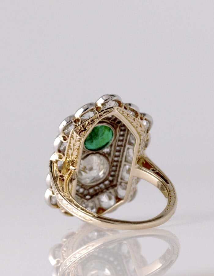 Sheild dress ring old european cut natural dia 0.90ct, 1 round mixed cut natural Emerald 0.90ct, 58 rose and old mine cut natural diamond halo 3.00cts, 7.65g, S12 clarity 18ct white and yellow gold ring size J1/2 — back view