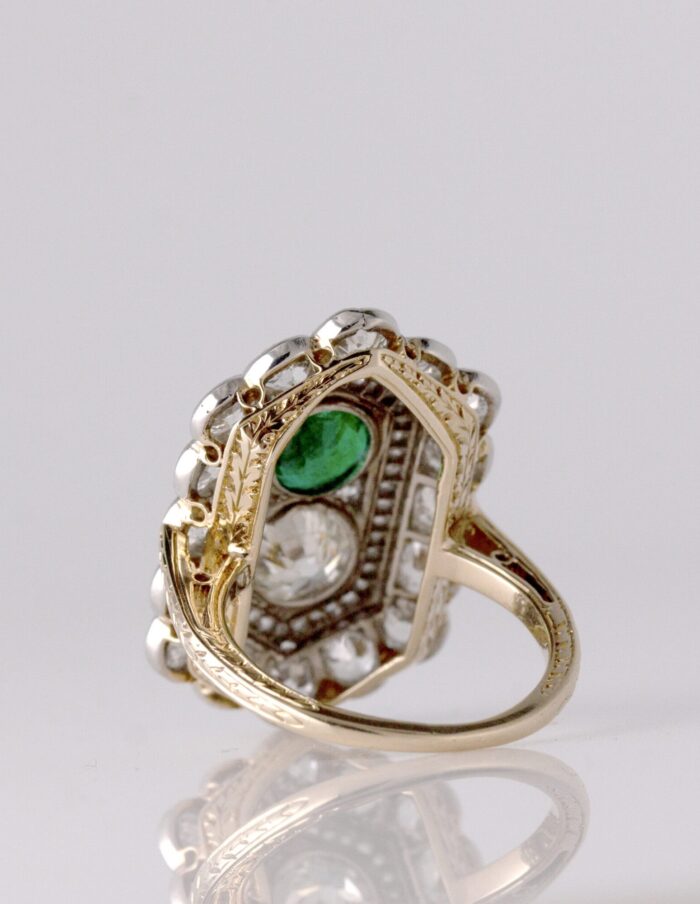 Sheild dress ring old european cut natural dia 0.90ct, 1 round mixed cut natural Emerald 0.90ct, 58 rose and old mine cut natural diamond halo 3.00cts, 7.65g, S12 clarity 18ct white and yellow gold ring size J1/2 — back view