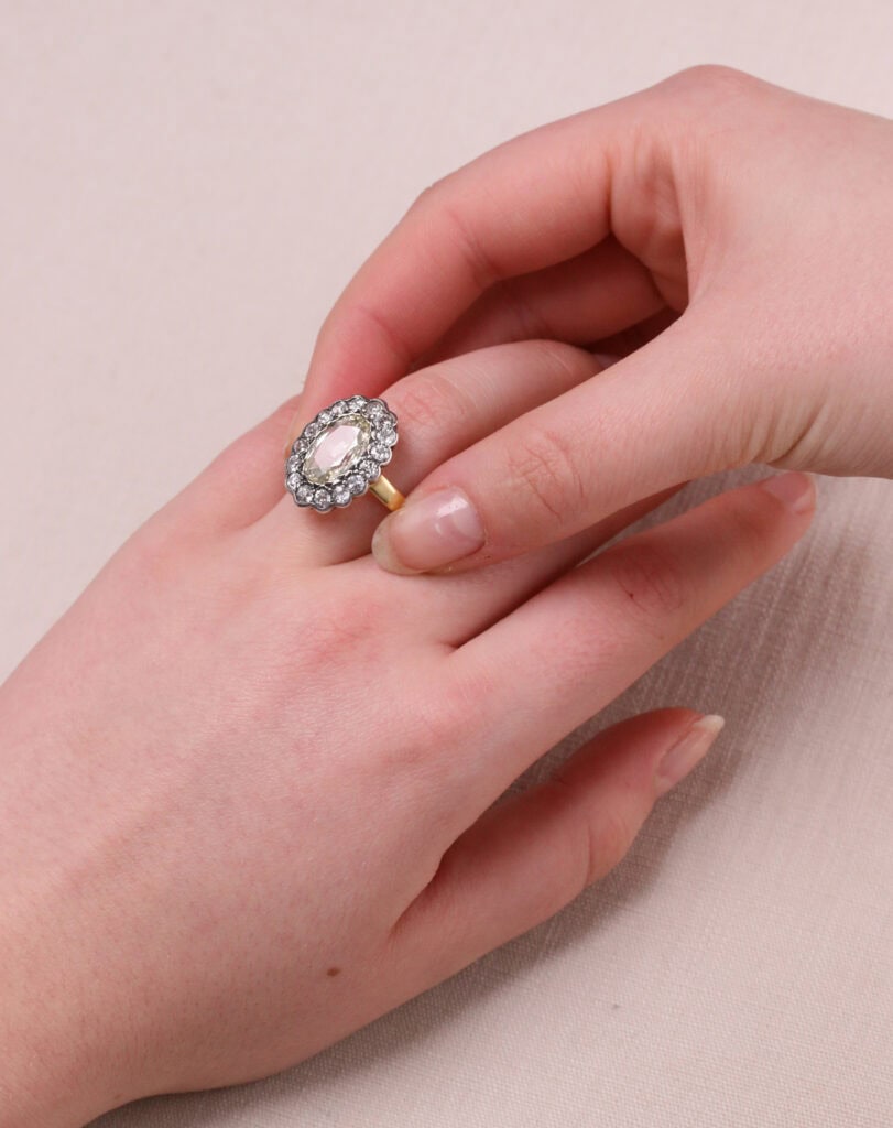 Dress ring oval Diamond cluster 3.31ct total 18ct yellow gold and silver ring size N 1/2