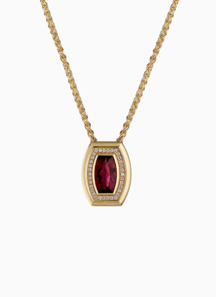 JCP Roma necklace Pink Tourmaline 2.65ct and Diamond 0.15ct on fixed spiga chain 18ct yellow gold