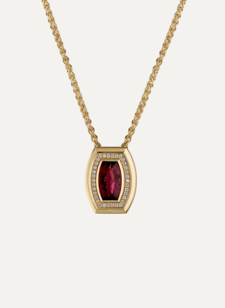 JCP Roma necklace Pink Tourmaline 2.65ct and Diamond 0.15ct on fixed spiga chain 18ct yellow gold