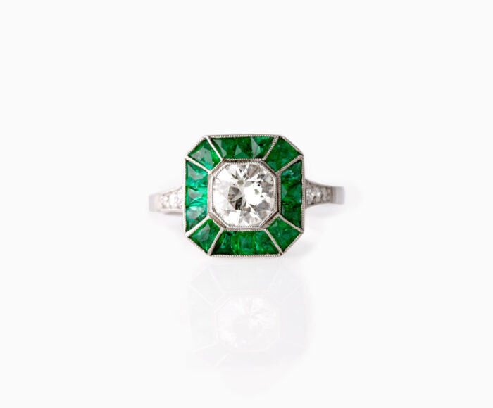 Platinum Emerald & Diamond Art Deco Style Ring