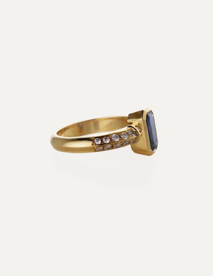 JCP Roma ring Light blue octagonal sapphire with double row diamonds on shoulders 0.39ct G VS 18ct yellow gold ring size L