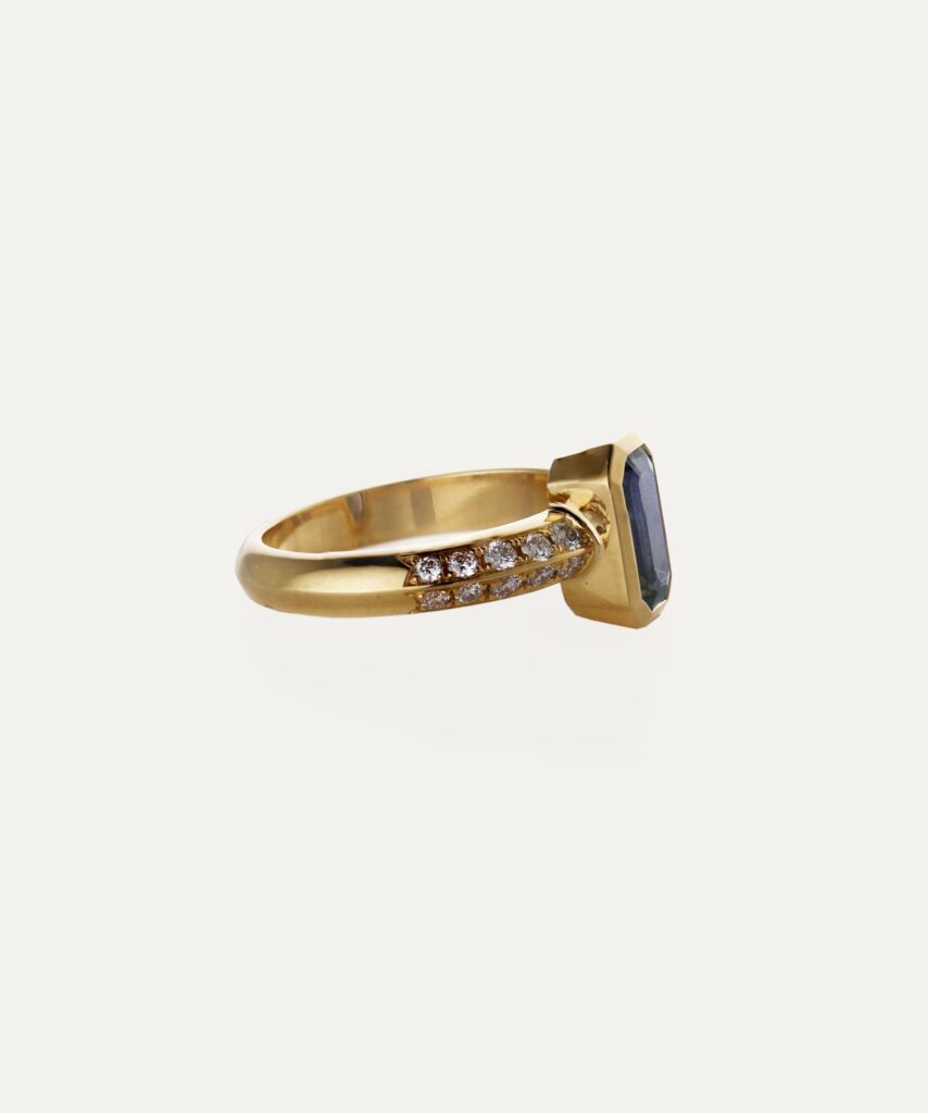 JCP Roma ring Light blue octagonal sapphire with double row diamonds on shoulders 0.39ct G VS 18ct yellow gold ring size L