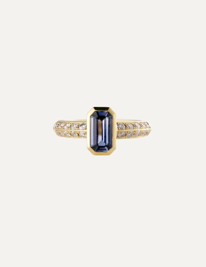 JCP Roma ring Light blue octagonal sapphire with double row diamonds on shoulders 0.39ct G VS 18ct yellow gold ring size L — front view