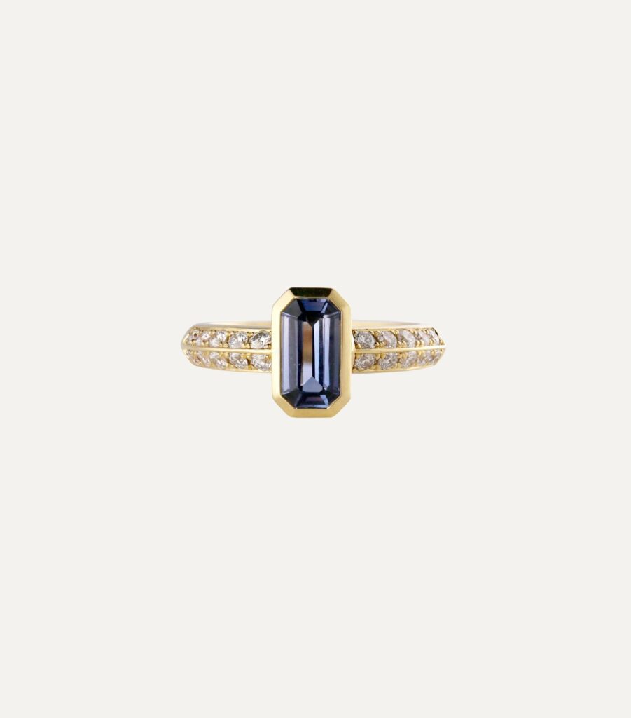 JCP Roma ring Light blue octagonal sapphire with double row diamonds on shoulders 0.39ct G VS 18ct yellow gold ring size L — front view