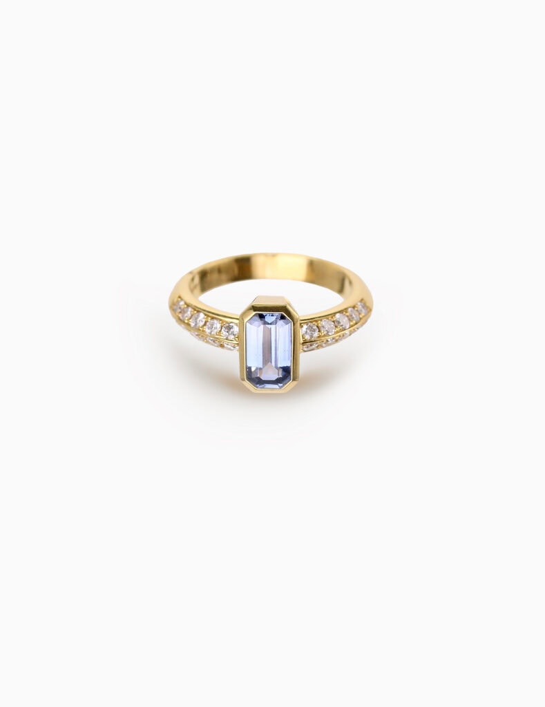 JCP Roma ring Light blue octagonal sapphire with double row diamonds on shoulders 0.39ct G VS 18ct yellow gold ring size L
