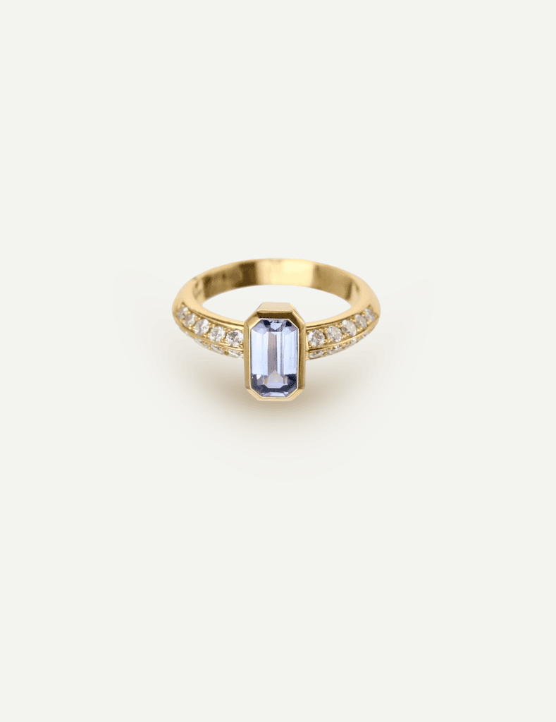 JCP Roma ring Light blue octagonal sapphire with double row diamonds on shoulders 0.39ct G VS 18ct yellow gold ring size L