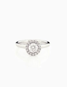 Halo round diamond ring centre four claw 0.62ct G/H SI halo 0.20ct platinum ring size N