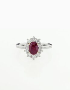 Cluster ring oval ruby 1.00ct with diamond cluster 0.70ct GSI Platinum ring size M