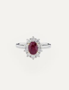 Cluster ring oval ruby 1.00ct with diamond cluster 0.70ct GSI Platinum ring size M