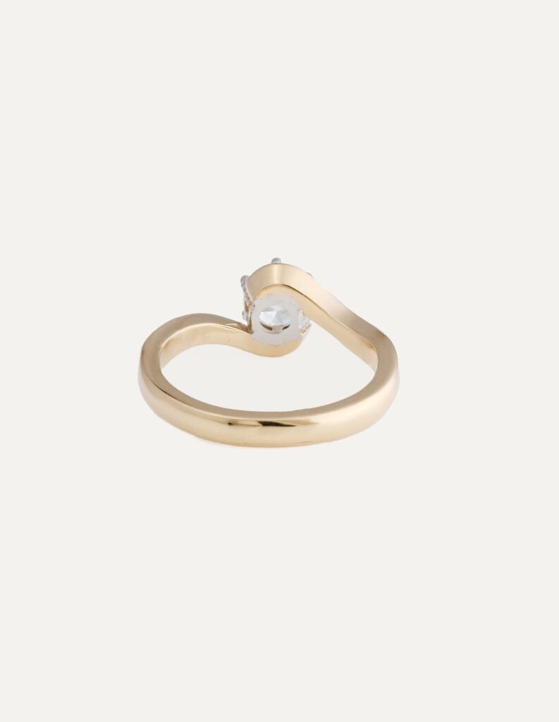 JCP Solitaire ring 6 claw round diamond 0.54ct swept shoulders 18ct yellow gold ring size I 1/2 — back view