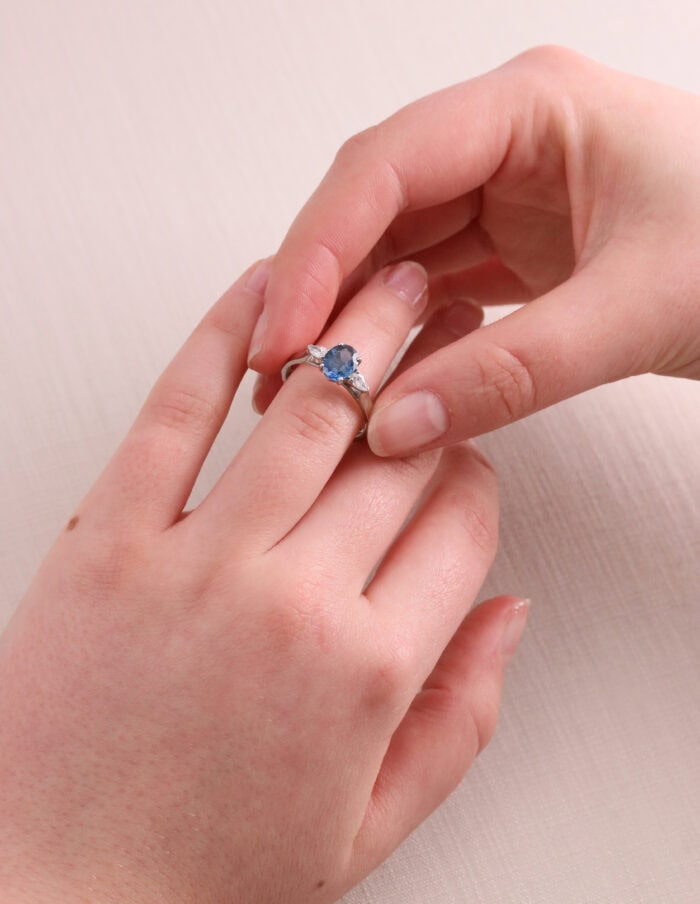 Three stone ting oval Sapphire 1.25ct and pear shape diamonds Platinum ring size N 1/2