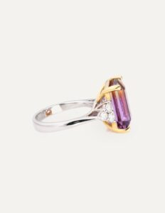Dress ring octagonal Ametrine 7.62ct with diamond trefoil 0.50ct on shoulders 18ct white gold ring size N — side view