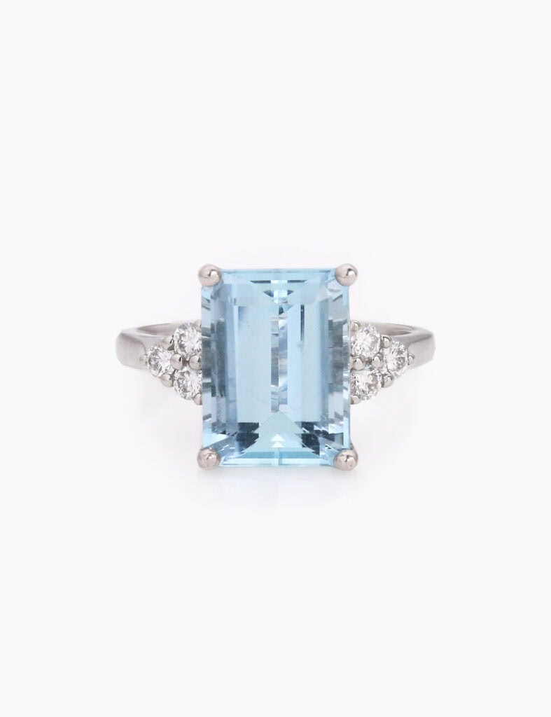JCP Dress ring rectangular Aquamarine 4.38ct with trefoil diamond shoulders 0.27ct Platinum ring size M