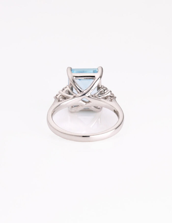 JCP Dress ring rectangular Aquamarine 4.38ct with trefoil diamond shoulders 0.27ct Platinum ring size M — back view
