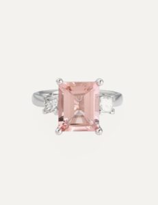 Large Pink stone cocktail dress ring with square diamonds either side