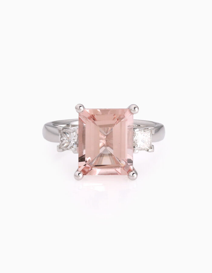 Large Pink stone cocktail dress ring with square diamonds either side
