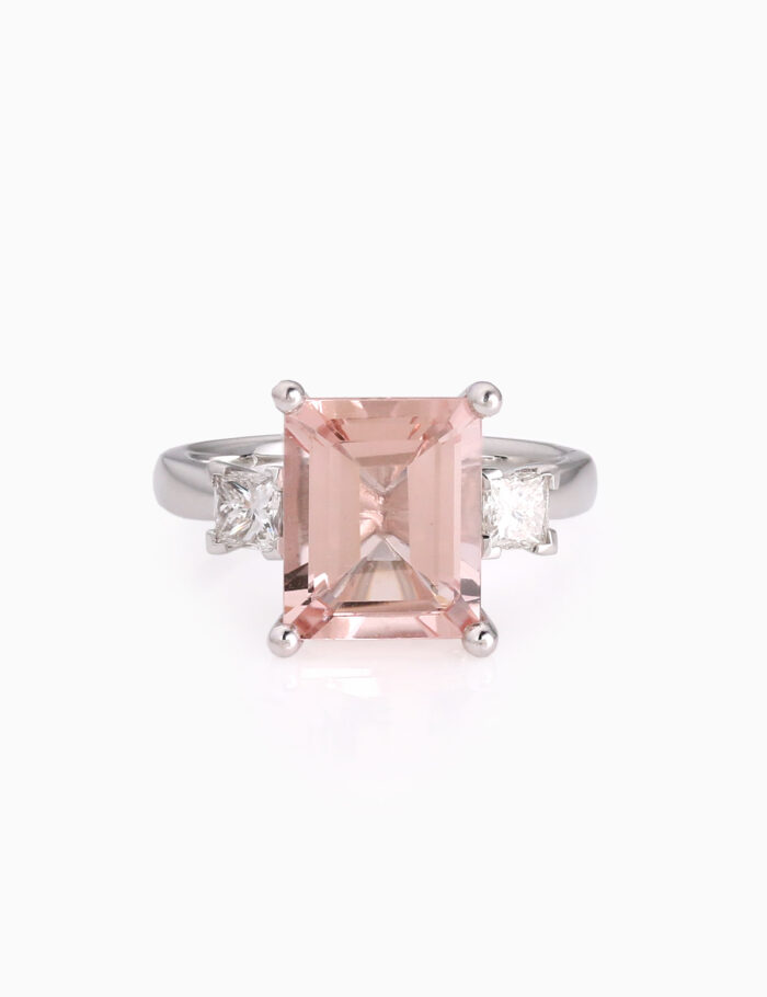 Large Pink stone cocktail dress ring with square diamonds either side