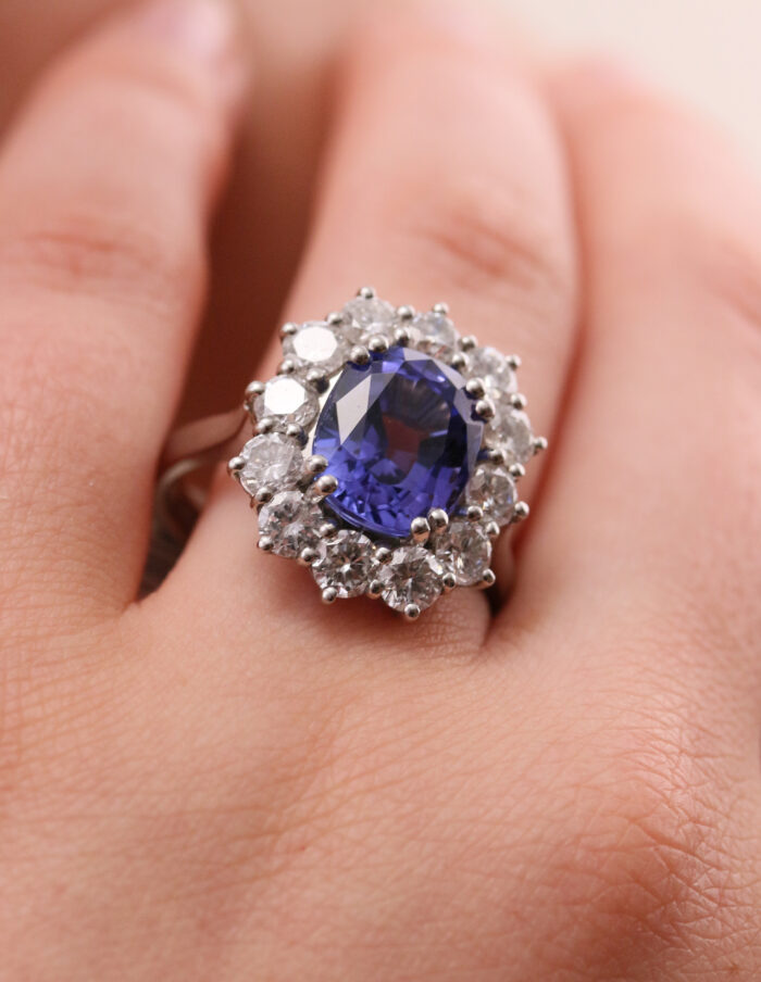 JCP Dress ring cushion Tanzanite 3.00ct with diamond cluster 1.35ct G/H SI Platinum ring size P