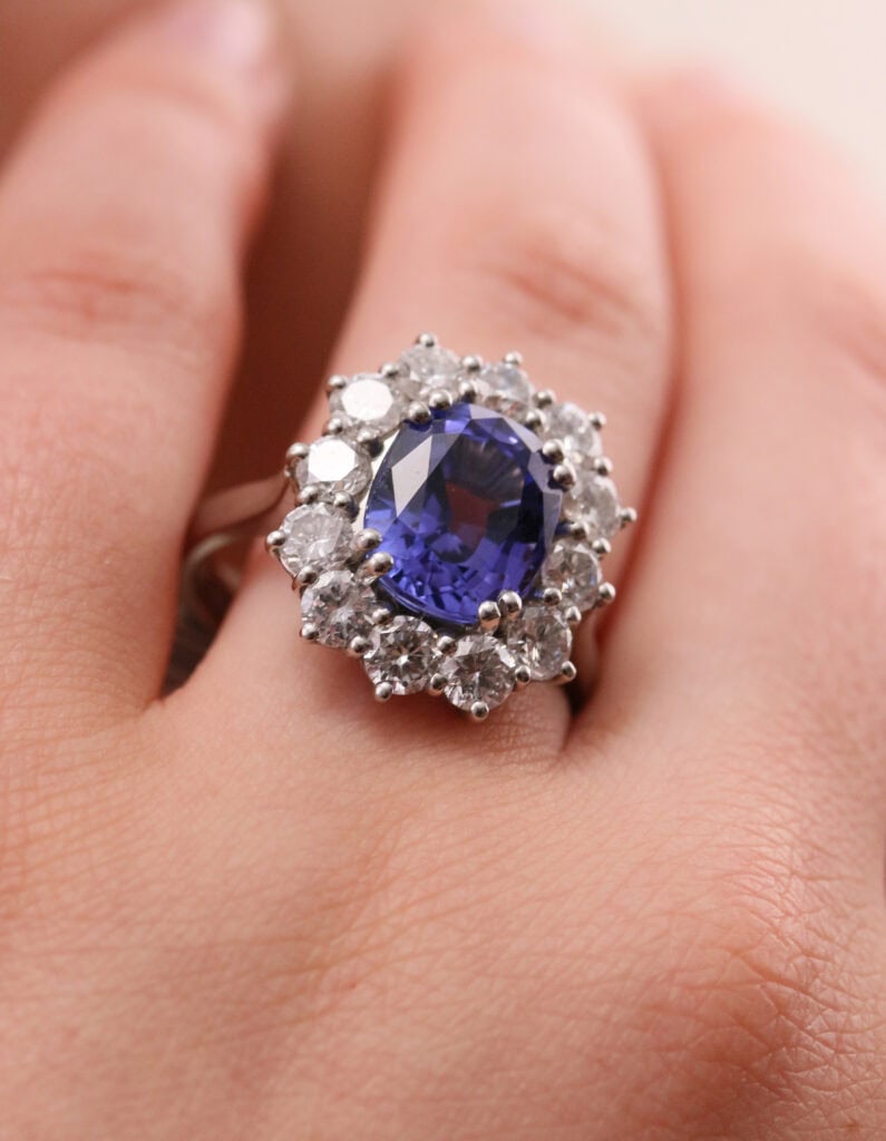 JCP Dress ring cushion Tanzanite 3.00ct with diamond cluster 1.35ct G/H SI Platinum ring size P