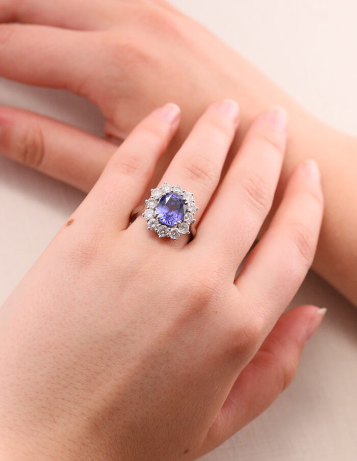 JCP Dress ring cushion Tanzanite 3.00ct with diamond cluster 1.35ct G/H SI Platinum ring size P