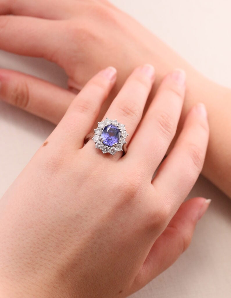 JCP Dress ring cushion Tanzanite 3.00ct with diamond cluster 1.35ct G/H SI Platinum ring size P