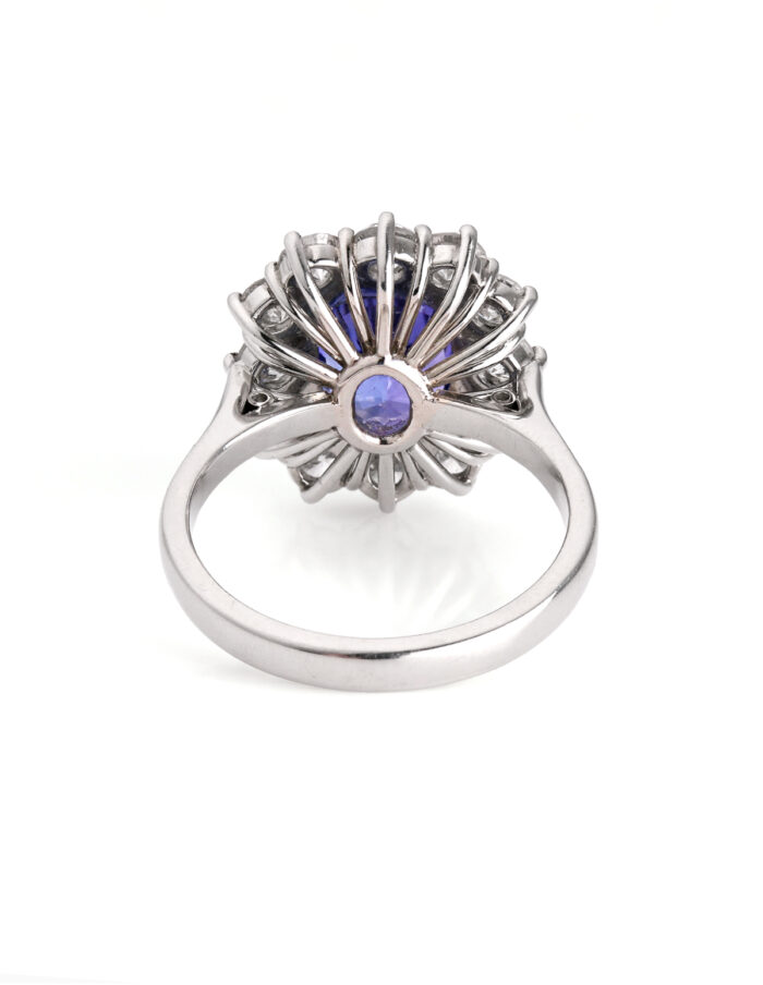 JCP Dress ring cushion Tanzanite 3.00ct with diamond cluster 1.35ct G/H SI Platinum ring size P — back view