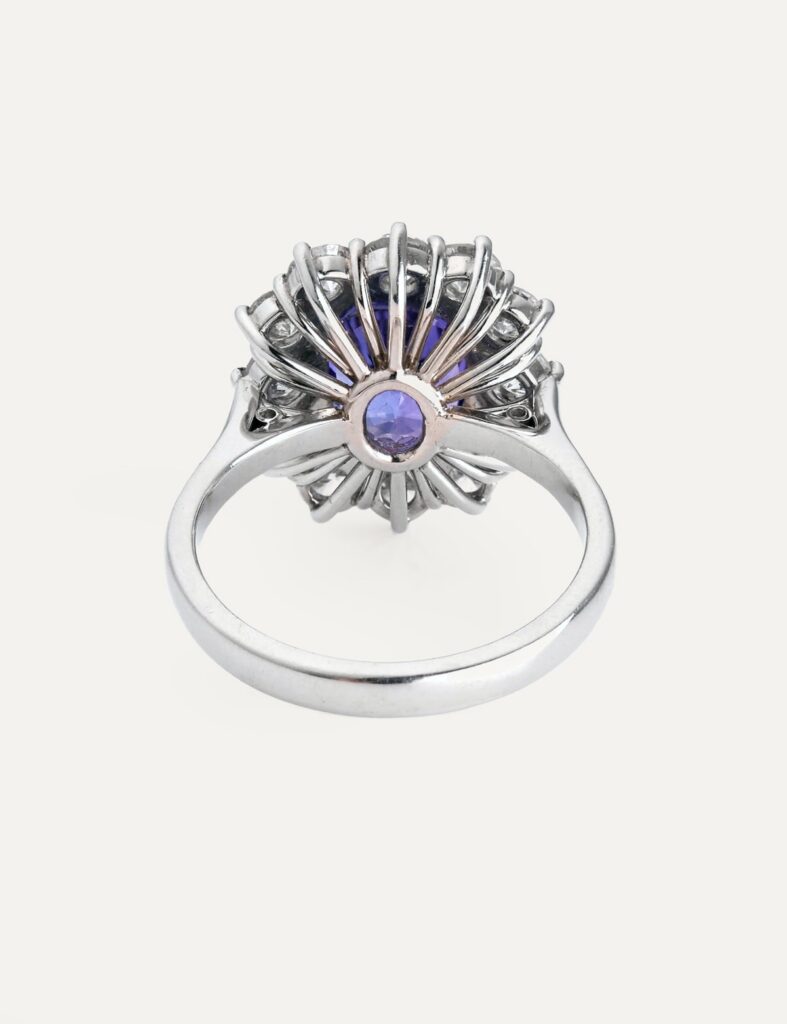 JCP Dress ring cushion Tanzanite 3.00ct with diamond cluster 1.35ct G/H SI Platinum ring size P — back view