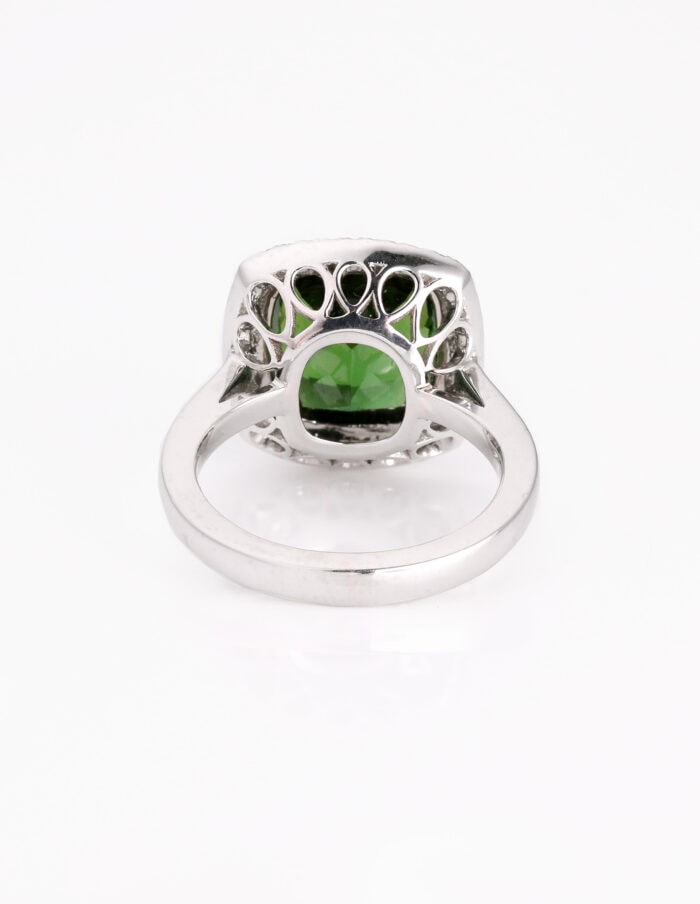 Dress ring green Tourmaline 5.83ct with double halo of round diamonds 0.47ct platinum ring size N — back view