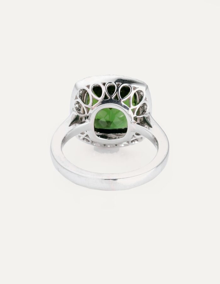 Dress ring green Tourmaline 5.83ct with double halo of round diamonds 0.47ct platinum ring size N — back view