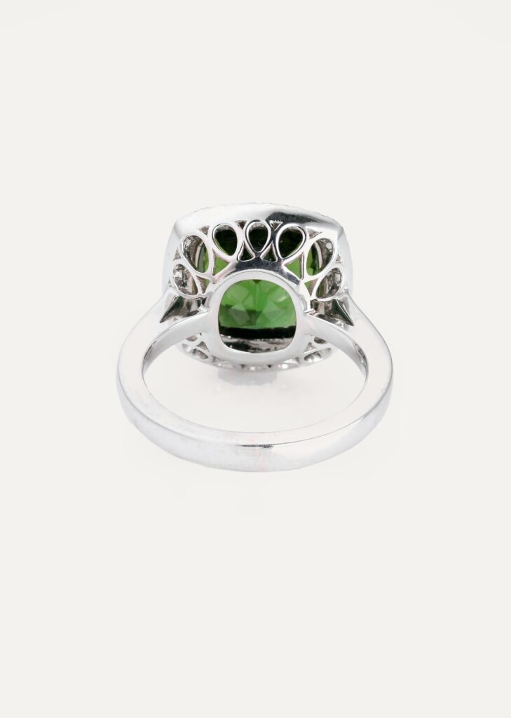 Dress ring green Tourmaline 5.83ct with double halo of round diamonds 0.47ct platinum ring size N — back view
